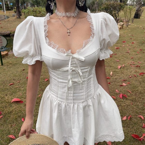 White Jasmine Handmade Spring Summer Bubble Sleeve Lace Trim Bow Vacation Dress - French Court Style for Effortless Elegance