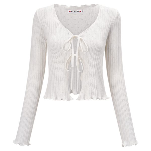 White Knitted Hollow Out Cardigan Coat for Women - Sexy Ruffled Edge Design, European American Style, Perfect for Autumn Winter Fashion