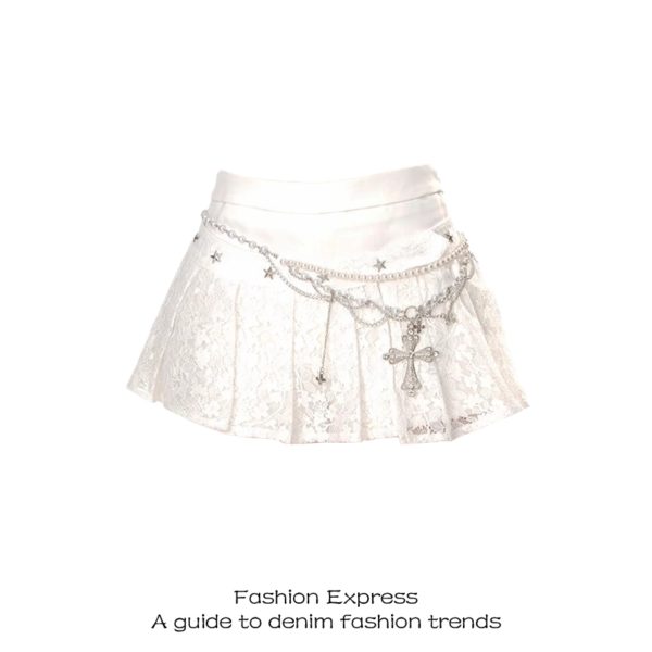 White Lace A-Line Pleated Half Skirt for Women - 2025 Summer Spring Ballet Style, Slimming Design for Trendy Looks