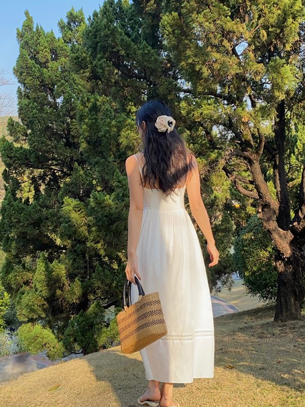 White Lace Hollowed-Out Dress with Waist-Cinching Design - Elegant Long Strap Vacation Dress for Summer 90s Y2K Style