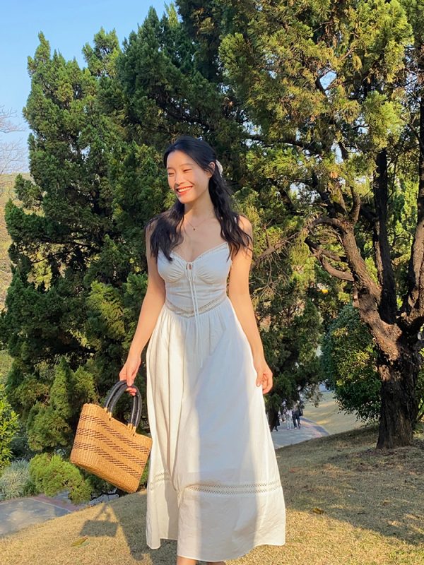 White Lace Hollowed-Out Dress with Waist-Cinching Design - Elegant Long Strap Vacation Dress for Summer 90s Y2K Style