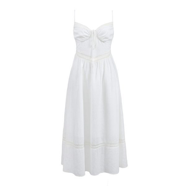 White Lace Hollowed-Out Dress with Waist-Cinching Design - Elegant Long Strap Vacation Dress for Summer 90s Y2K Style