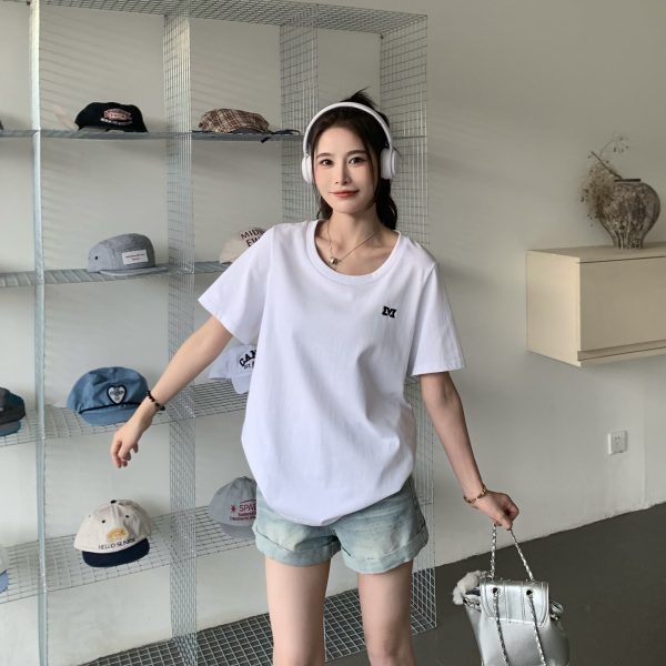 White One-Shoulder Round Neck Short Sleeve T-Shirt for Women - Summer Versatile Loose Fit Top, Y2K Style