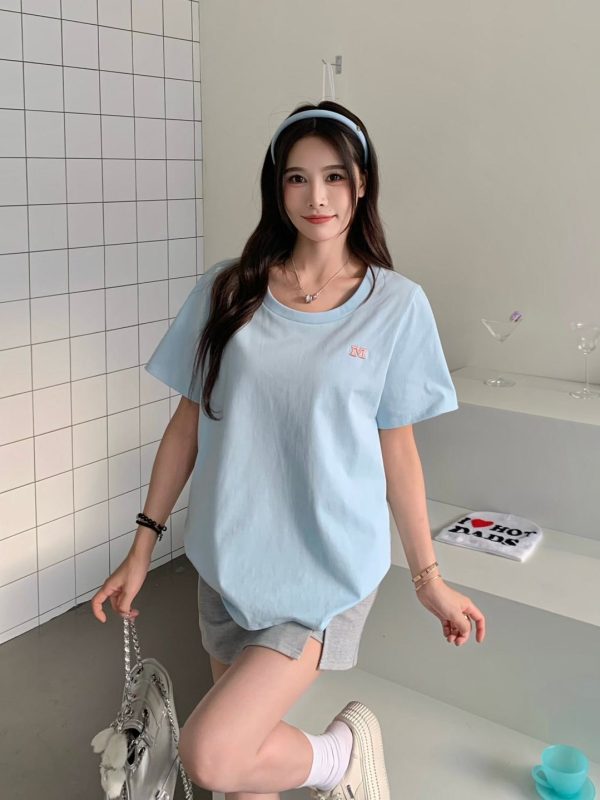 White One-Shoulder Round Neck Short Sleeve T-Shirt for Women - Summer Versatile Loose Fit Top, Y2K Style