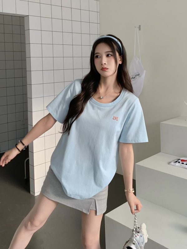White One-Shoulder Round Neck Short Sleeve T-Shirt for Women - Summer Versatile Loose Fit Top, Y2K Style