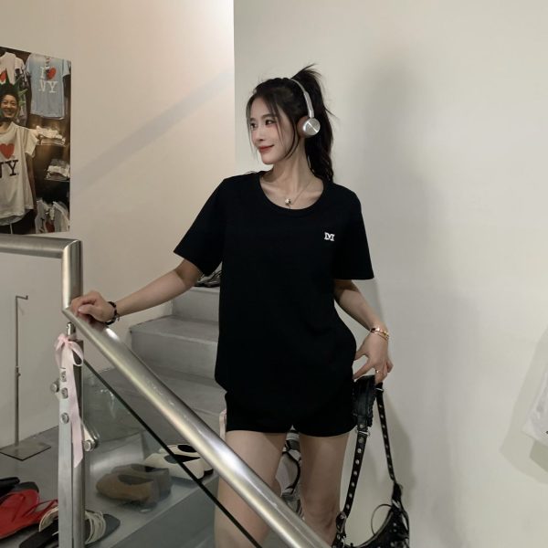 White One-Shoulder Round Neck Short Sleeve T-Shirt for Women - Summer Versatile Loose Fit Top, Y2K Style