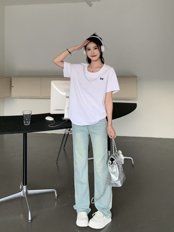 White One-Shoulder Round Neck Short Sleeve T-Shirt for Women - Summer Versatile Loose Fit Top, Y2K Style