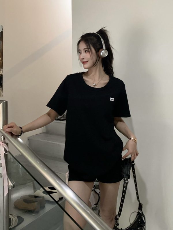 White One-Shoulder Round Neck Short Sleeve T-Shirt for Women - Summer Versatile Loose Fit Top, Y2K Style