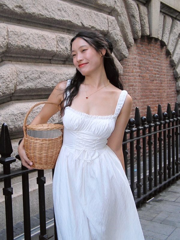 White Retro French Camisole Dress - Julie Series Mid-Length Skirt with Pure Desire Design, Y2K Style