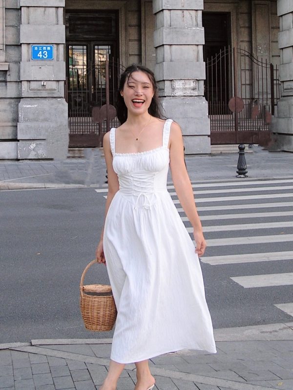 White Retro French Camisole Dress - Julie Series Mid-Length Skirt with Pure Desire Design, Y2K Style