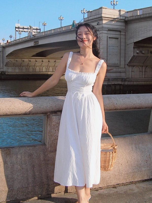 White Retro French Camisole Dress - Julie Series Mid-Length Skirt with Pure Desire Design, Y2K Style