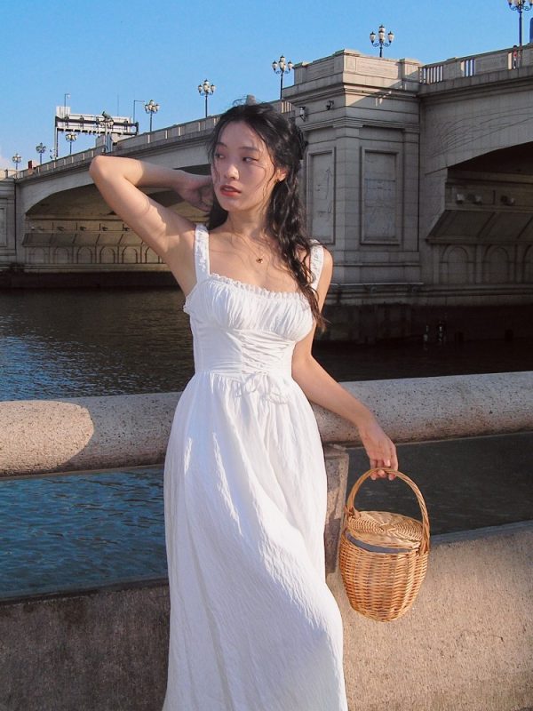 White Retro French Camisole Dress - Julie Series Mid-Length Skirt with Pure Desire Design, Y2K Style