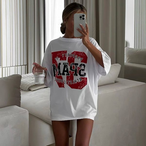 White Retro Short Sleeve T-Shirt for Women - American Style Loose Half-Sleeve Top for Summer - Trendy High Street Fashion