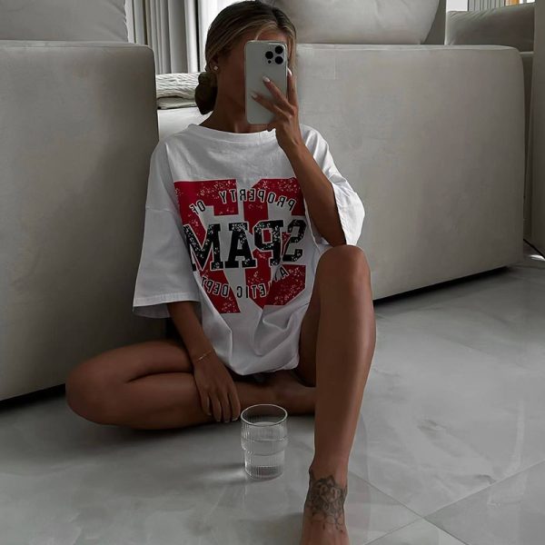 White Retro Short Sleeve T-Shirt for Women - American Style Loose Half-Sleeve Top for Summer - Trendy High Street Fashion