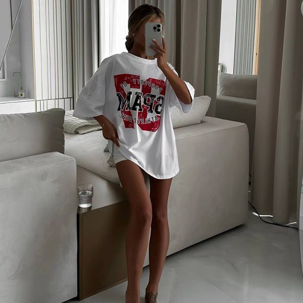 White Retro Short Sleeve T-Shirt for Women - American Style Loose Half-Sleeve Top for Summer - Trendy High Street Fashion