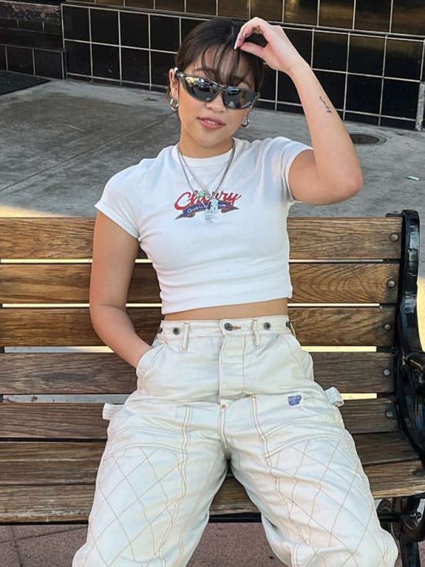 White Short Sleeve Crop T-Shirt for Women - Retro American Style Belly-Baring Top, Summer Fashion, ABG Hot Girl Vibe