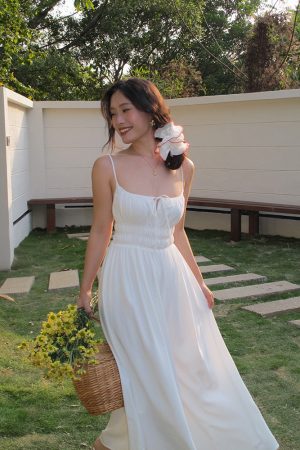 White Spaghetti Strap A-Line Dress with Long Skirt â€“ Sexy Vacation Style, Trendy French Design, Perfect for Summer Events