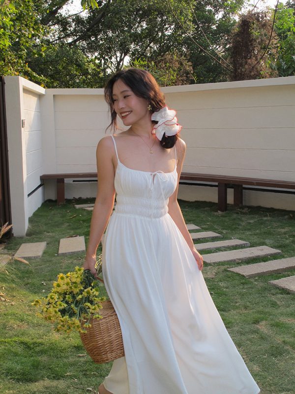 White Spaghetti Strap A-Line Dress with Long Skirt â€“ Sexy Vacation Style, Trendy French Design, Perfect for Summer Events