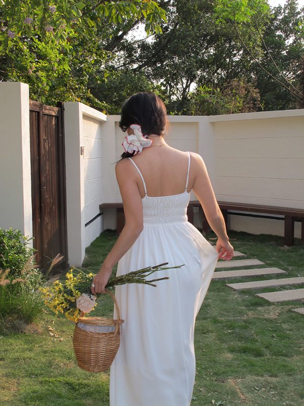 White Spaghetti Strap A-Line Dress with Long Skirt â€“ Sexy Vacation Style, Trendy French Design, Perfect for Summer Events