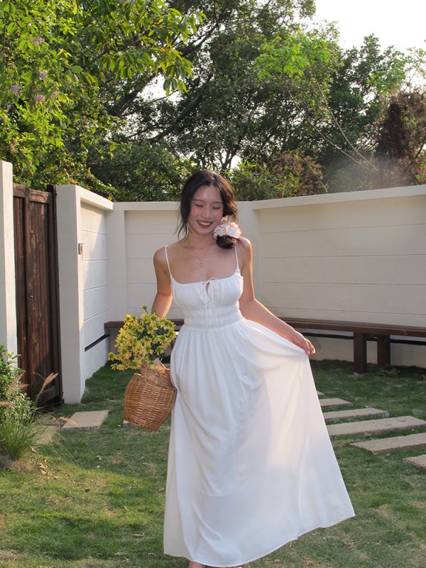 White Spaghetti Strap A-Line Dress with Long Skirt â€“ Sexy Vacation Style, Trendy French Design, Perfect for Summer Events