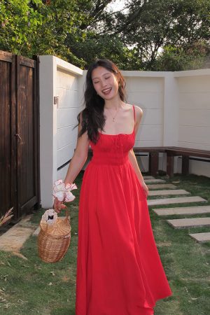 White Spaghetti Strap A-Line Dress with Long Skirt â€“ Sexy Vacation Style, Trendy French Design, Perfect for Summer Events
