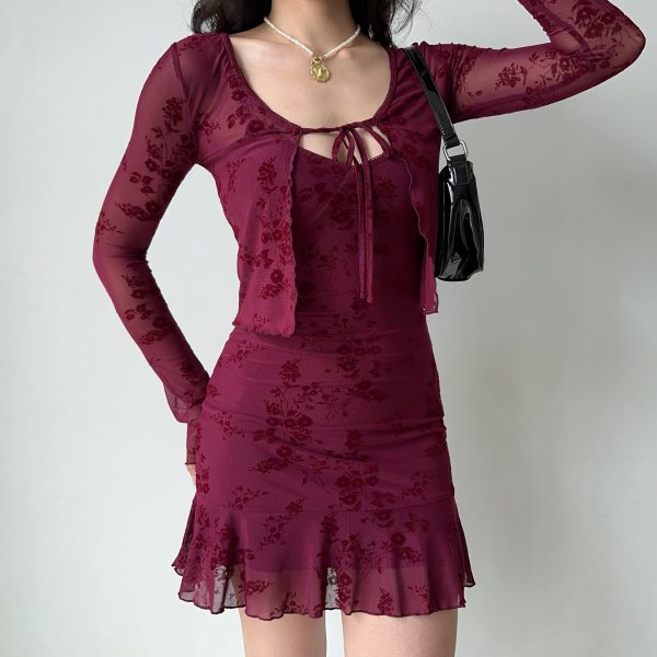 Wine Red Embroidered Camisole Dress & Cardigan Two-Piece Set - European & American Style New Year Fashion Robe
