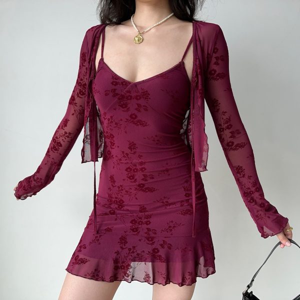 Wine Red Embroidered Camisole Dress & Cardigan Two-Piece Set - European & American Style New Year Fashion Robe