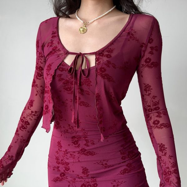 Wine Red Embroidered Camisole Dress & Cardigan Two-Piece Set - European & American Style New Year Fashion Robe