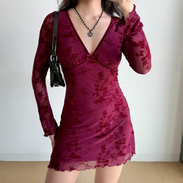 Wine Red Velvet Ribbon Mesh Dress for Women - Deep V-Neck, Slim Fit, Short Skirt - European American Style, Y2K Fashion