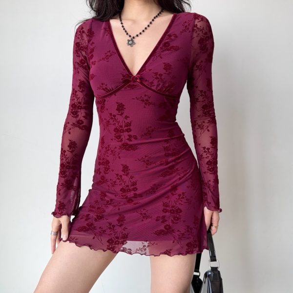Wine Red Velvet Ribbon Mesh Dress for Women - Deep V-Neck, Slim Fit, Short Skirt - European American Style, Y2K Fashion
