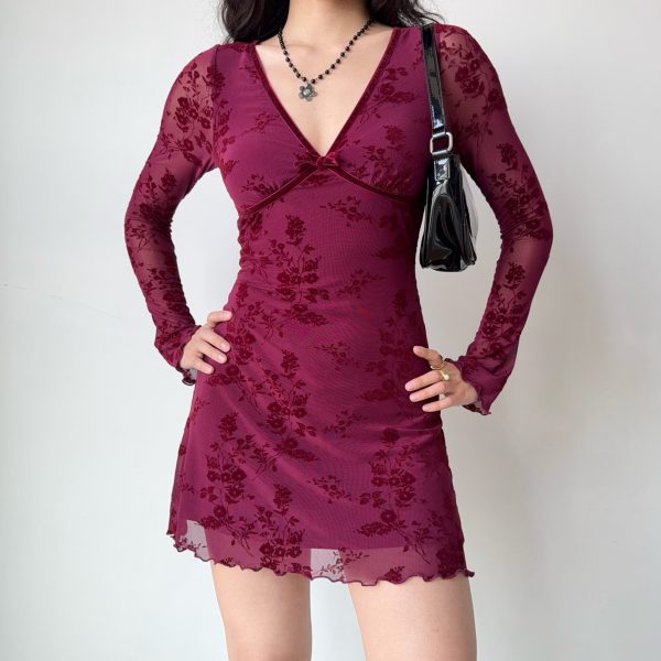 Wine Red Velvet Ribbon Mesh Dress for Women - Deep V-Neck, Slim Fit, Short Skirt - European American Style, Y2K Fashion