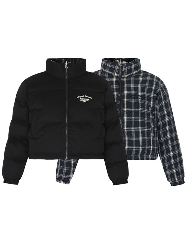 Winter Plaid Reversible Cotton Jacket for Women - Embroidered Slogan, Thickened Outerwear, Cozy Layering, Trendy Street Style
