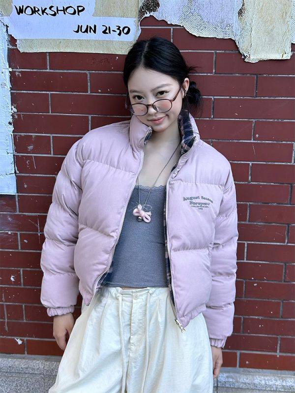 Winter Plaid Reversible Cotton Jacket for Women - Embroidered Slogan, Thickened Outerwear, Cozy Layering, Trendy Street Style
