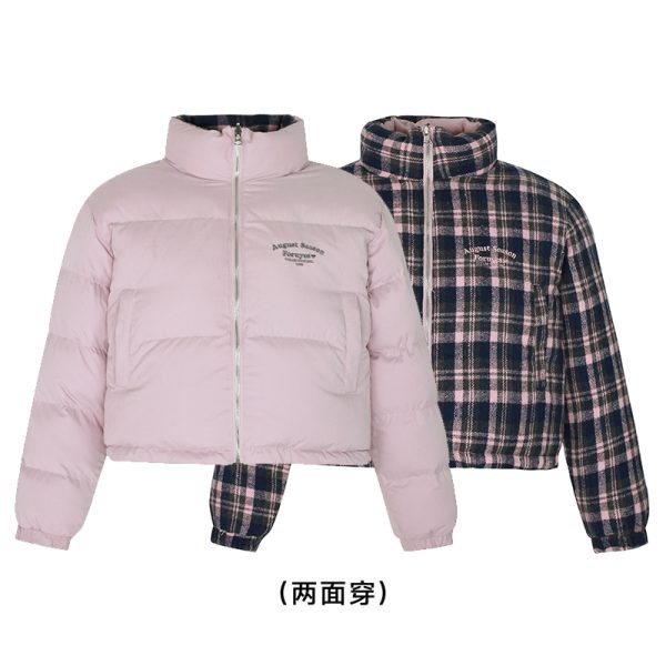Winter Plaid Reversible Cotton Jacket for Women - Embroidered Slogan, Thickened Outerwear, Cozy Layering, Trendy Street Style