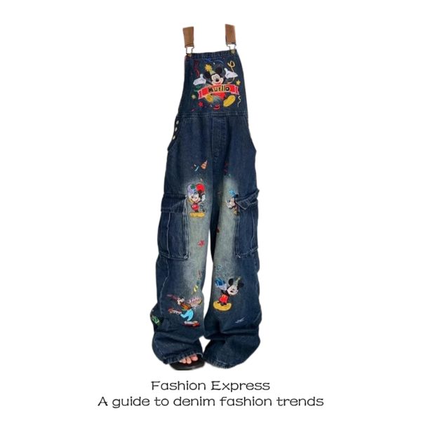 Women's 2025 American Retro Cartoon Cat Embroidery Denim Overalls - Playful Loose Fit Long Pants for Trendy Style