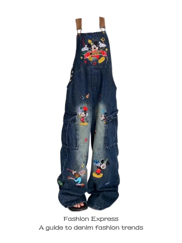 Women's 2025 American Retro Cartoon Cat Embroidery Denim Overalls - Playful Loose Fit Long Pants for Trendy Style