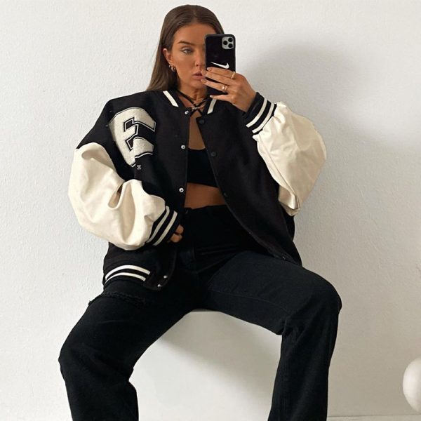 Women's American Retro Black Baseball Jacket - Sweet Cool High Street Pilot Style for Spring, Spicy Short Design