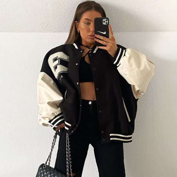Women's American Retro Black Baseball Jacket - Sweet Cool High Street Pilot Style for Spring, Spicy Short Design