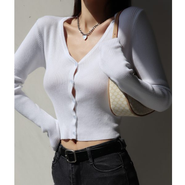 Women's American Style Fitted V-Neck Knit Top & High-Waisted Long Sleeve Cardigan - Slimming, Casual Chic Fashion
