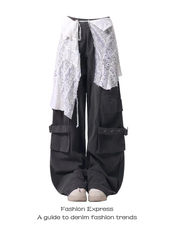 Women's American-Style Lace Hem Wide-Leg Pants with Large Pockets - Trendy Loose Draping Spring Workwear