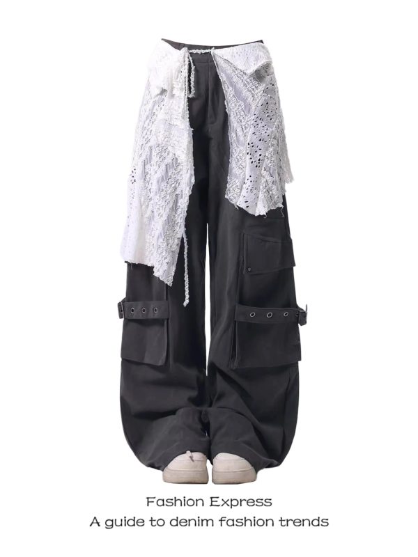 Women's American-Style Lace Hem Wide-Leg Pants with Large Pockets - Trendy Loose Draping Spring Workwear