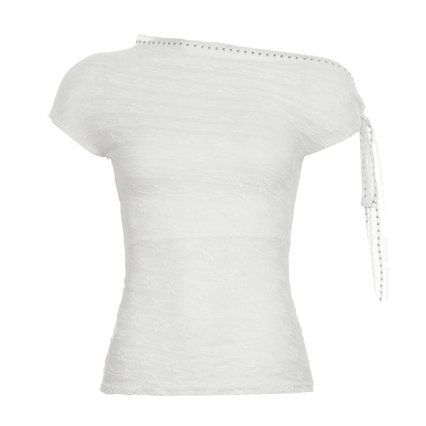 Women's Asymmetrical Off-Shoulder T-Shirt with Textured Floral Design - White Summer Top for 90s and Y2K Style