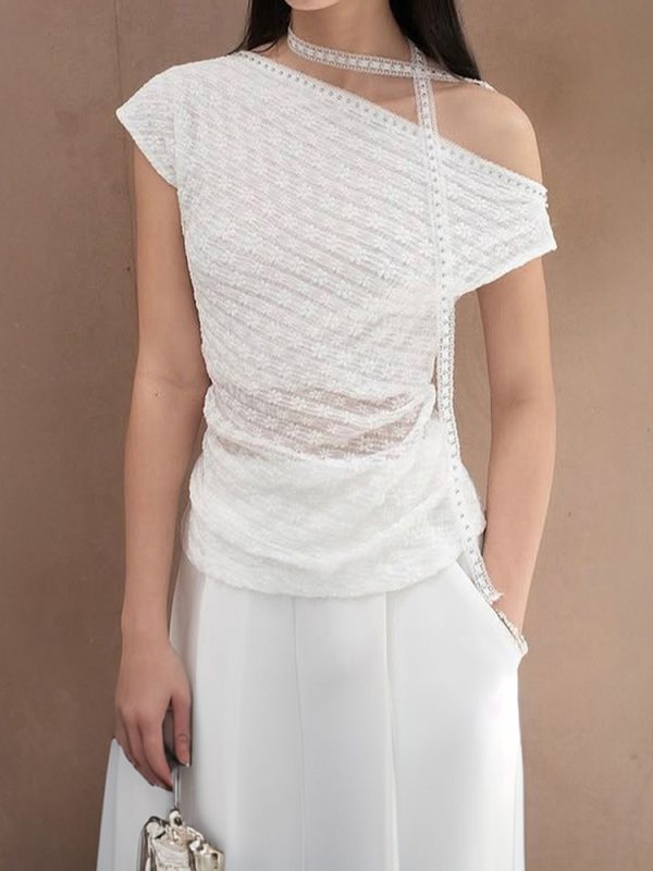 Women's Asymmetrical Off-Shoulder T-Shirt with Textured Floral Design - White Summer Top for 90s and Y2K Style