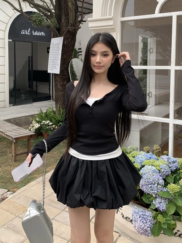 Women's Black Cloud Flower Bud Skirt - Puffy A-Line Pleated Lantern Skirt for 90s Y2K Style