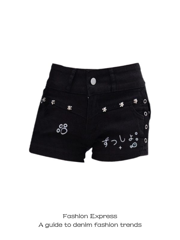 Women's Black Denim Shorts, Low Waist Slim Fit, Stretchy Summer Style 2025, Trendy Hot Girl Look