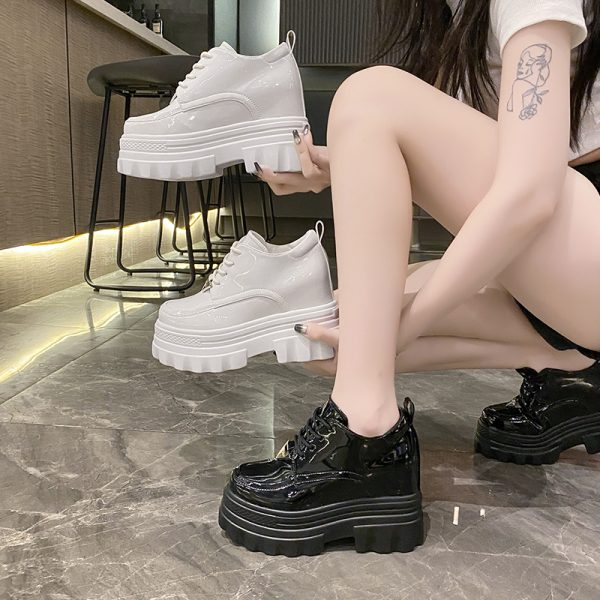 Women's Black Leather Platform Loafers - 2023 Summer British Retro Lace-Up Thin Thick-Soled Versatile Shoes