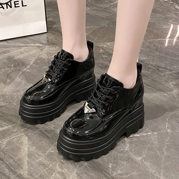 Women's Black Leather Platform Loafers - 2023 Summer British Retro Lace-Up Thin Thick-Soled Versatile Shoes