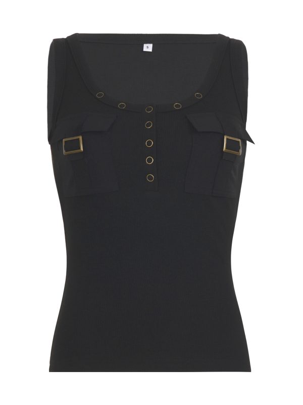 Women's Black Ribbed Sleeveless Vest - Stylish Workwear Top, Versatile Waist-Defining Design, Cool Fashion Essential