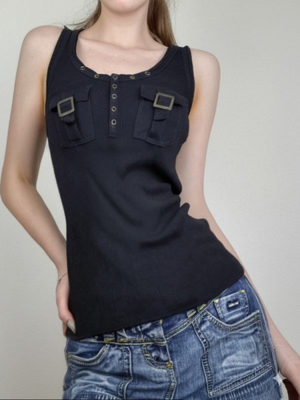 Women's Black Ribbed Sleeveless Vest - Stylish Workwear Top, Versatile Waist-Defining Design, Cool Fashion Essential