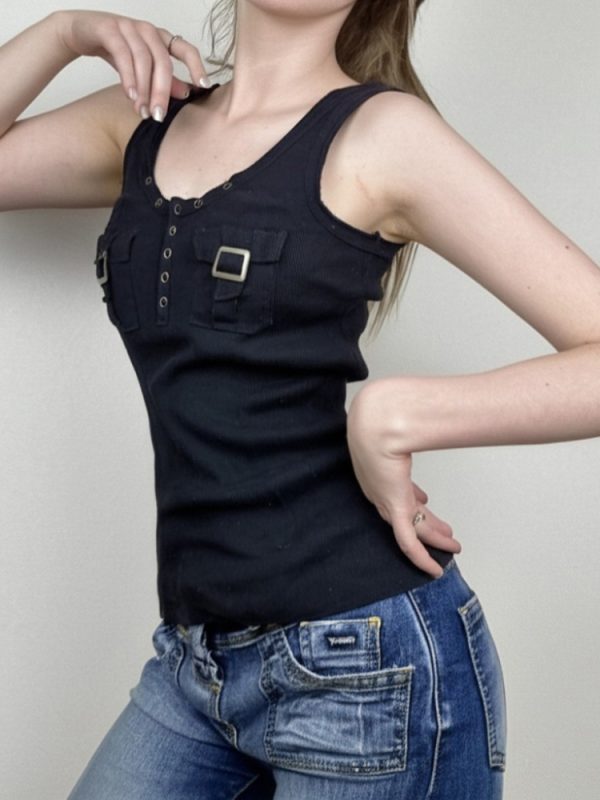 Women's Black Ribbed Sleeveless Vest - Stylish Workwear Top, Versatile Waist-Defining Design, Cool Fashion Essential